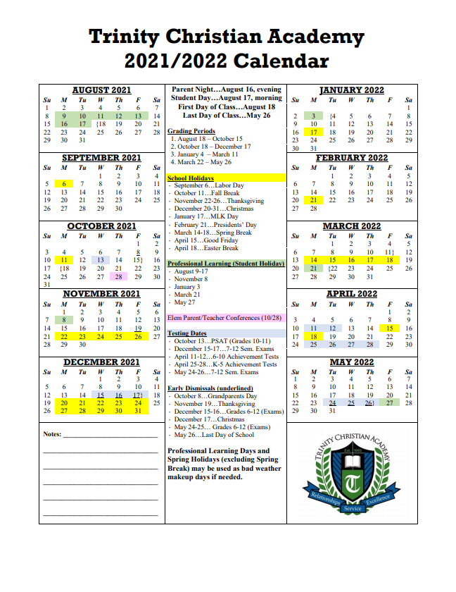 2021 22 School Calendar Trinity Christian Academy