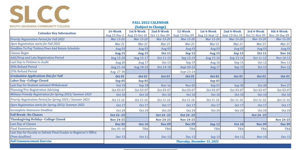 Academic Calendar South Louisiana Community College Acalog ACMS 