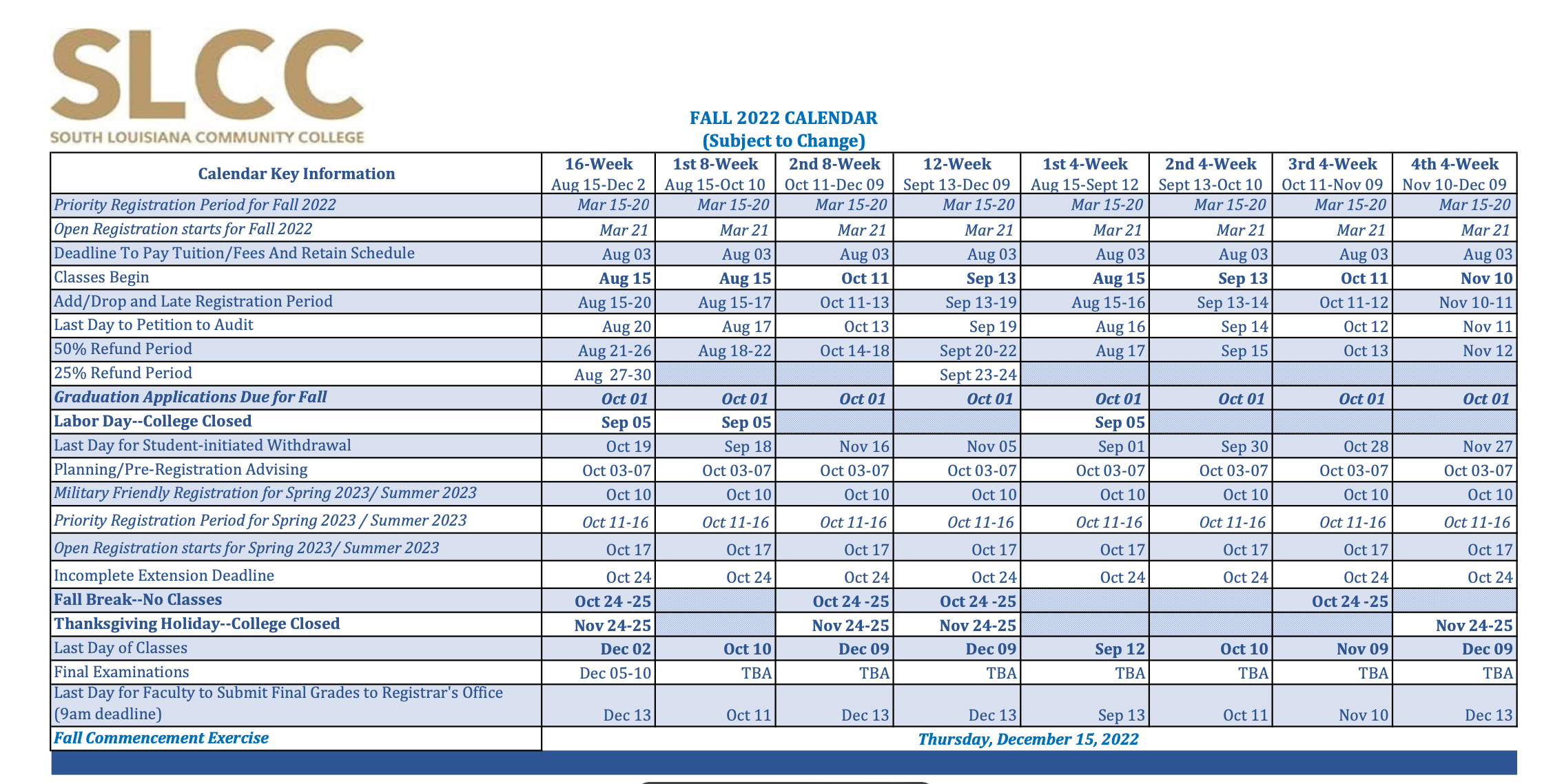 Academic Calendar South Louisiana Community College Acalog ACMS