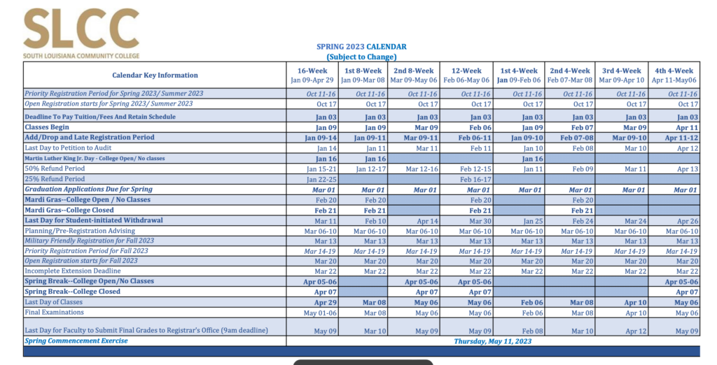 Academic Calendar South Louisiana Community College Acalog ACMS 