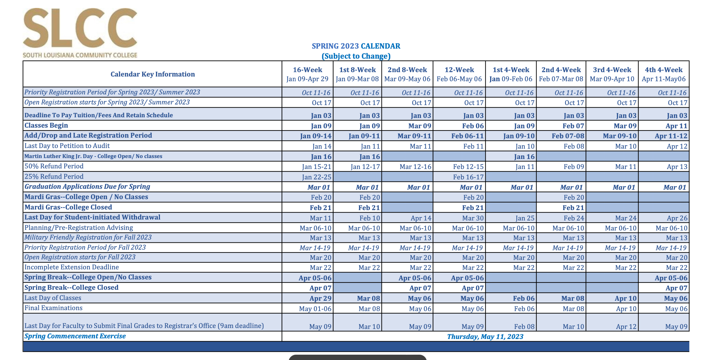 Academic Calendar South Louisiana Community College Acalog ACMS