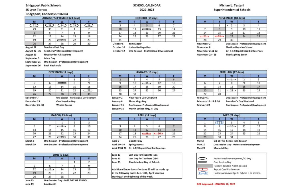 Bridgeport Public Schools Calendar 2022 2023 Holidays