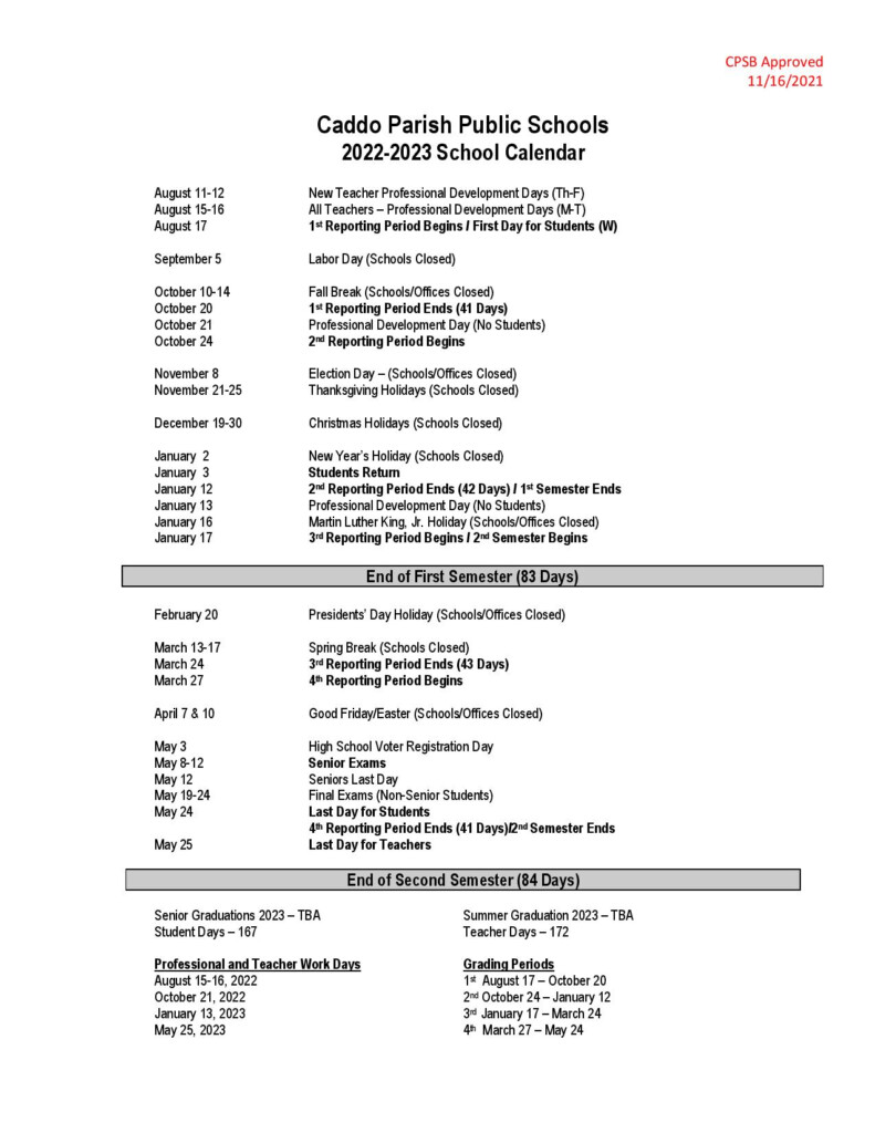 Caddo Parish Public Schools Calendar 2022 2023