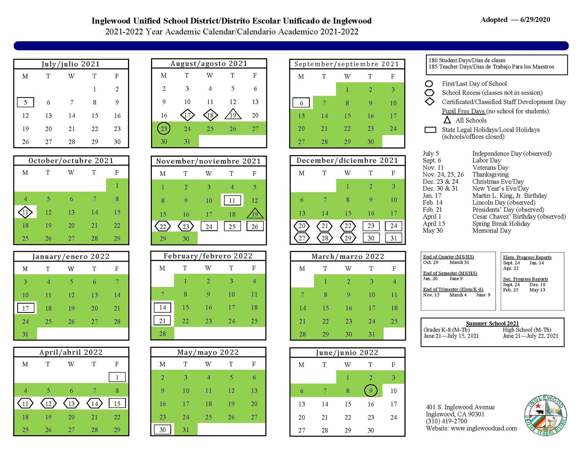 Calendar About Us Inglewood Unified School District