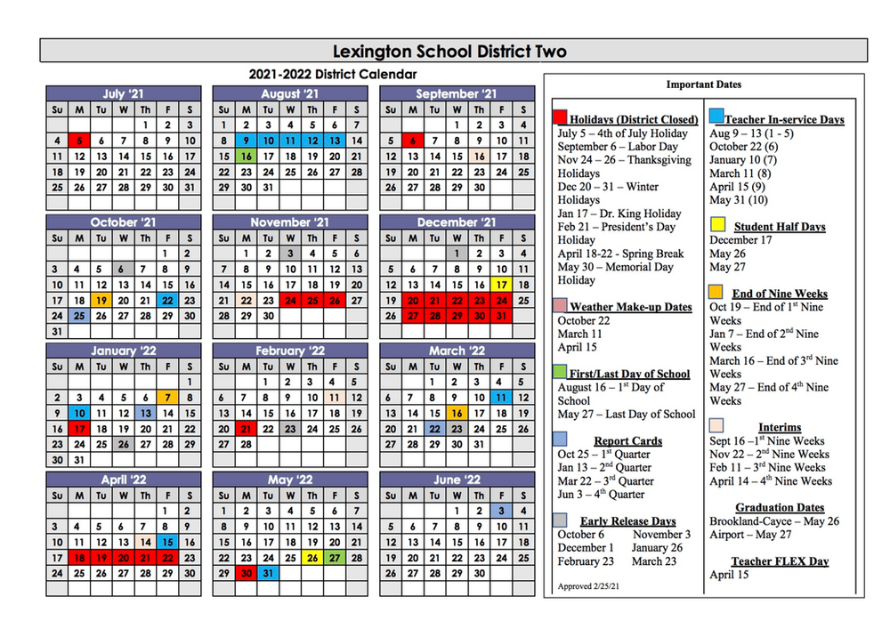 Lexington Two Releases Academic Calendar For 2021 22 School Year