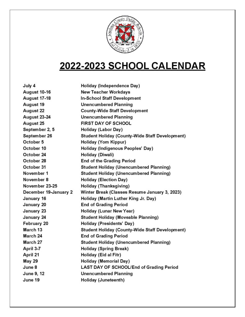 Loudoun County Public Schools Calendar 2022 2023