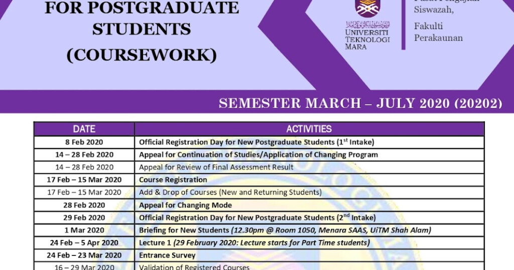 POSTGRADUATE PROGRAMME ACADEMIC CALENDAR FOR POSTGRADUATE PROGRAMME 