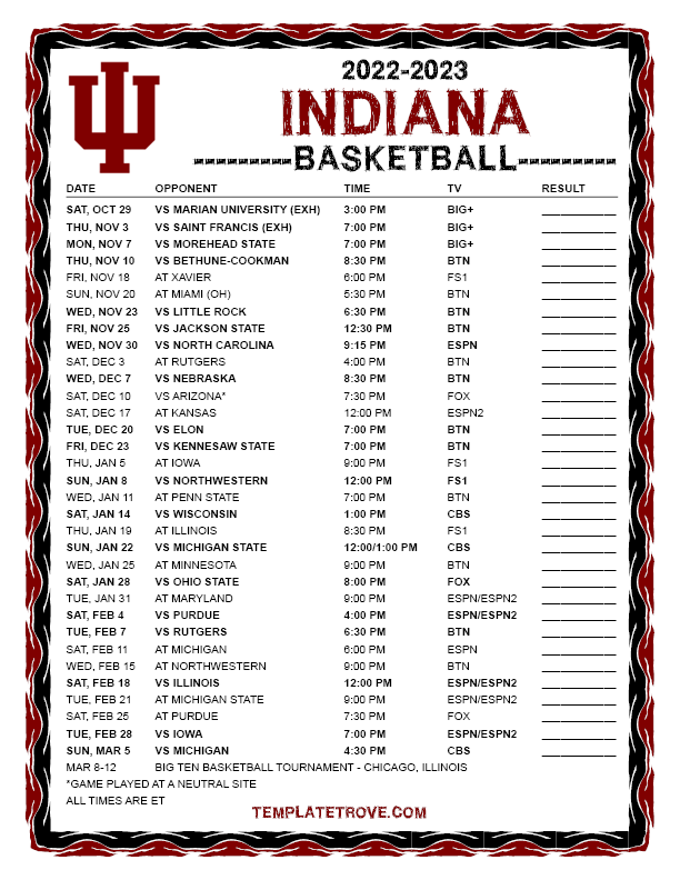 Printable 2022 2023 Indiana Hoosiers Basketball Schedule