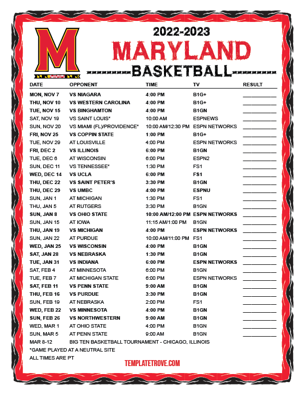 Printable 2022 2023 Maryland Terrapins Basketball Schedule