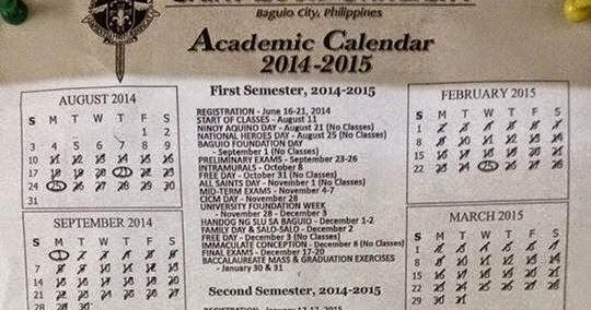 Saint Louis University Baguio City Philippines Academic Calendar 2014 