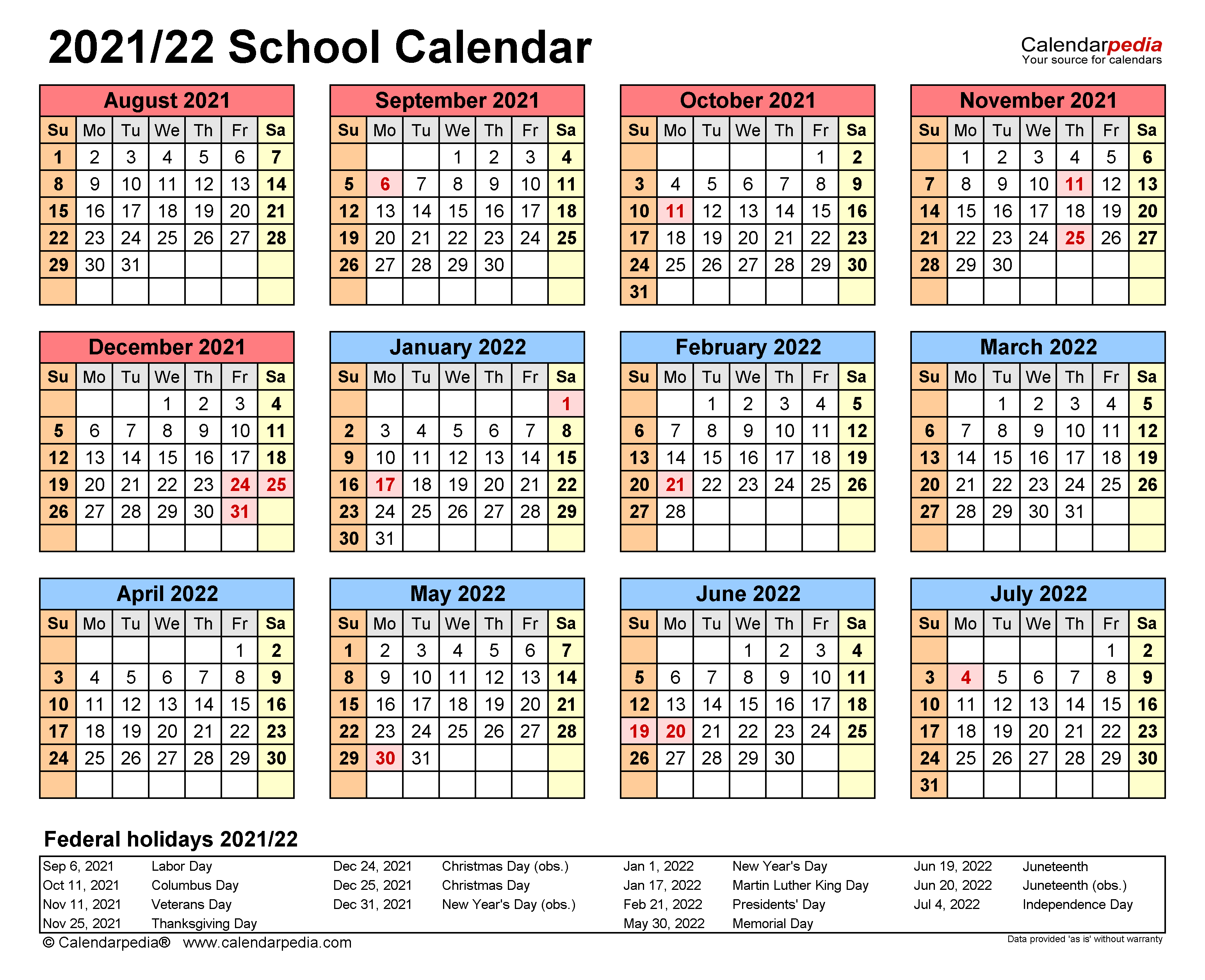 School Calendars 2021 2022 Free Printable PDF Templates