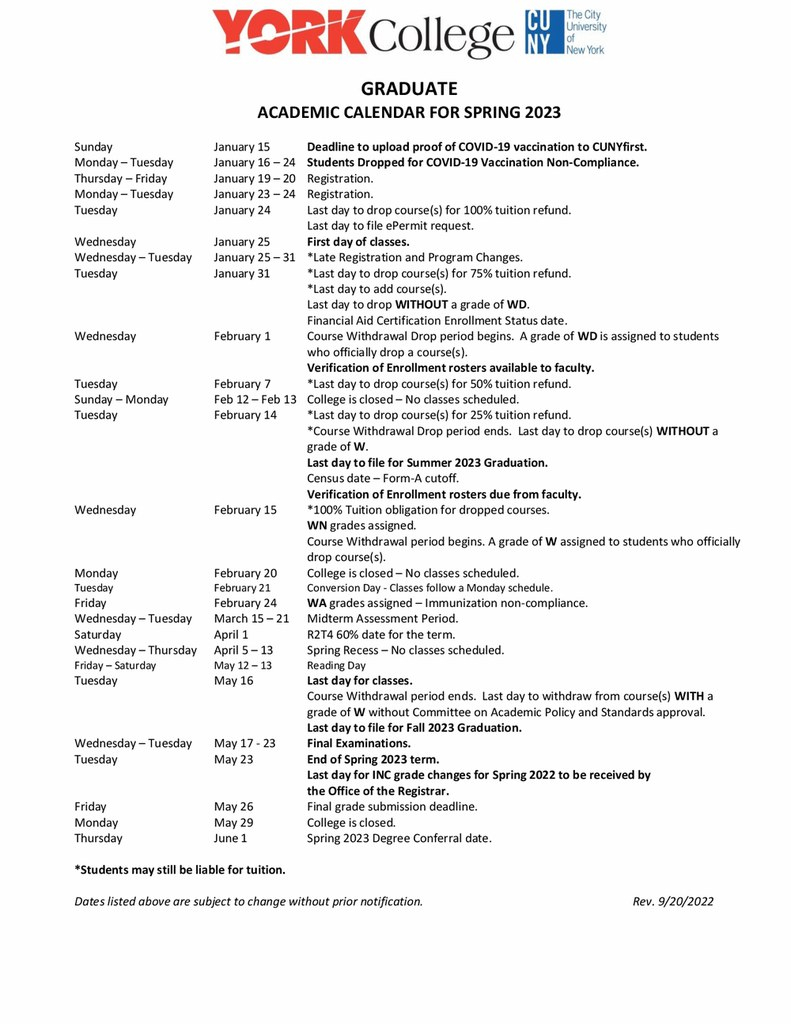 Spring 2023 Graduate Academic Calendar York College CUNY