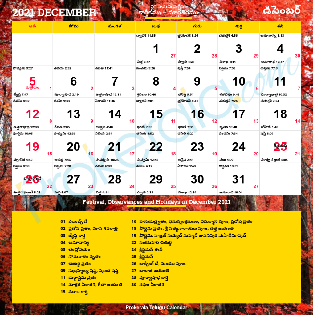 Telugu Calendar 2022 December