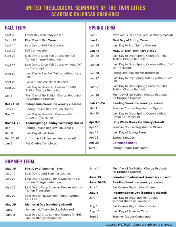 Academic Calendar United Theological Seminary