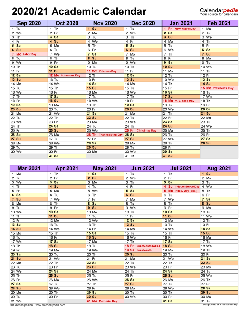 Academic Calendars 2020 2021 Free Printable Excel Templates