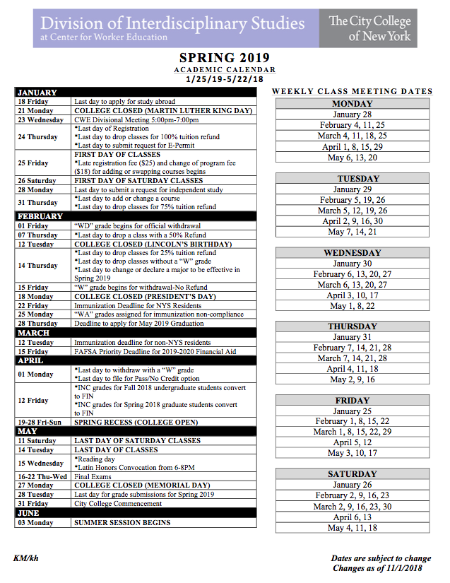 Academic Calendars The City College Of New York