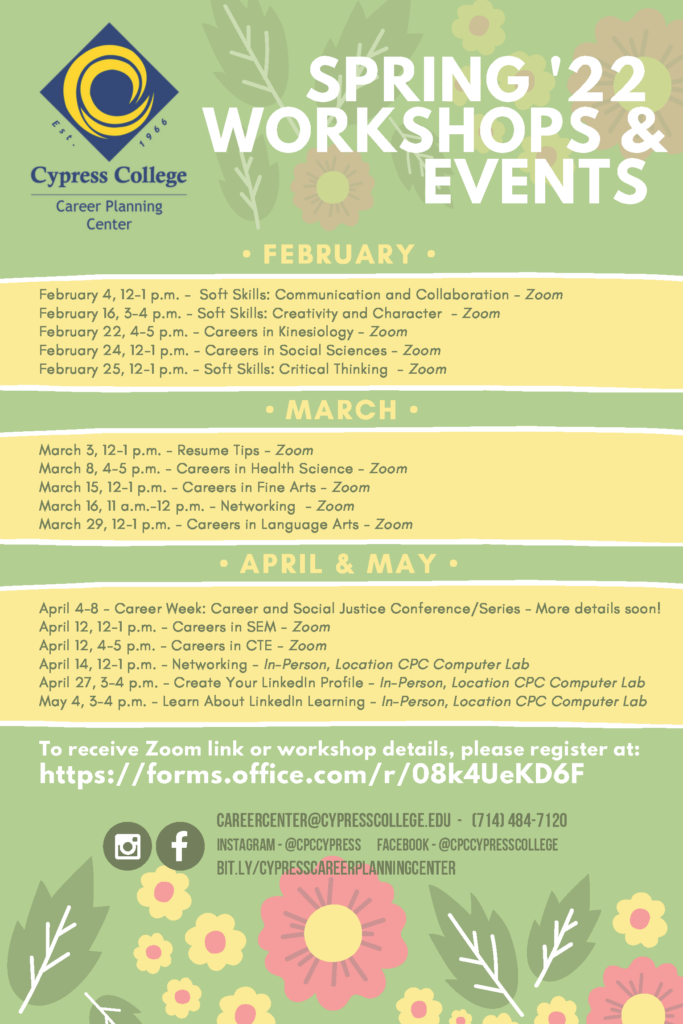 Career Planning Center Spring 2022 Workshops Events Cypress College