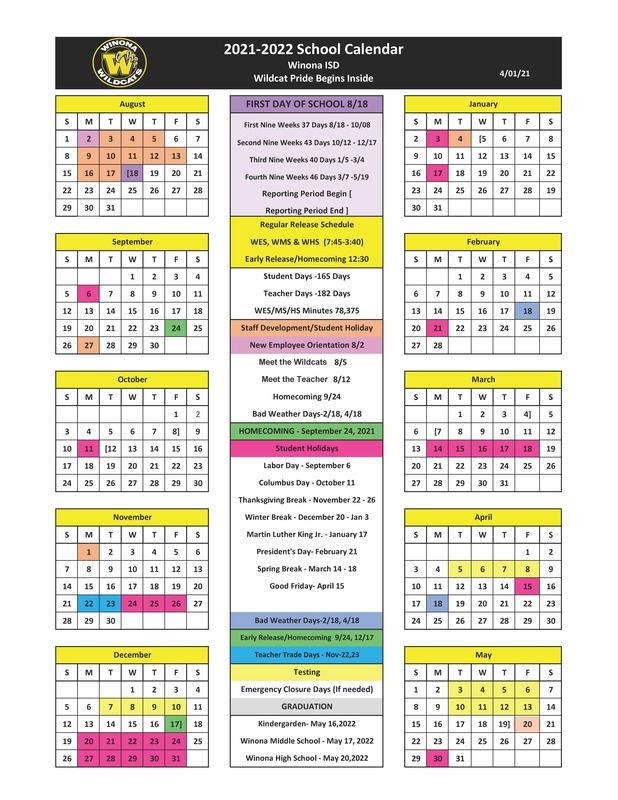 Click Here To View The School Calendar Winona ISD