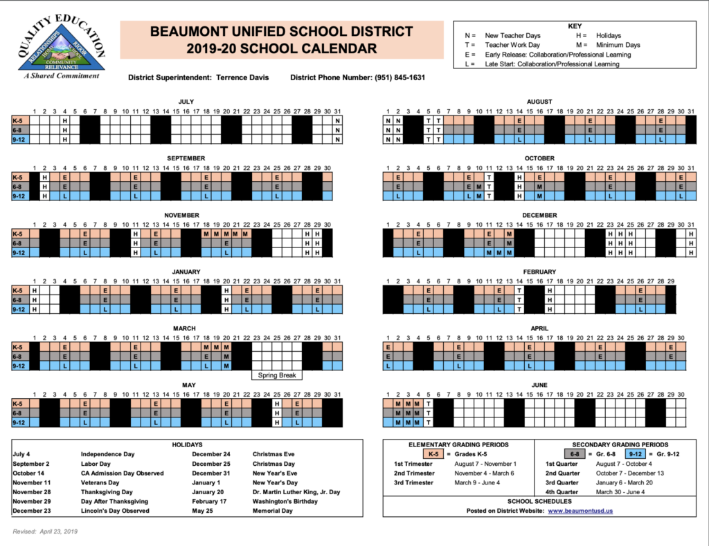 Instructional Calendars Schools Beaumont Unified School District