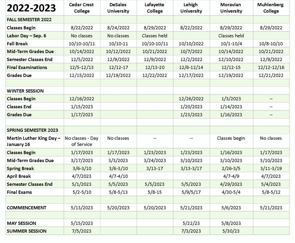 LVAIC Academic Calendars