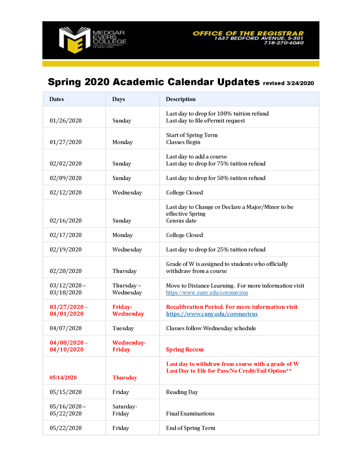 March 26 Spring 2020 Academic Calendar Updates MEC COVID 19 Response