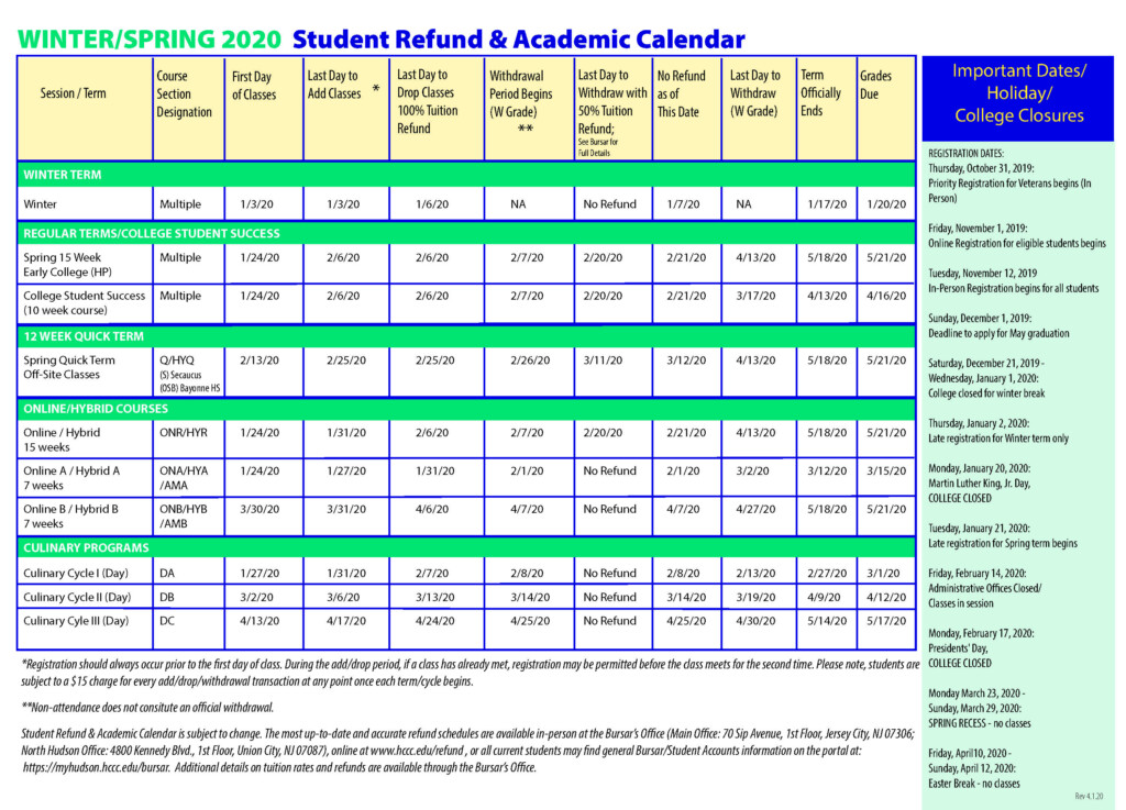 Nassau Community College Academic Calendar Spring 2020 Printable 