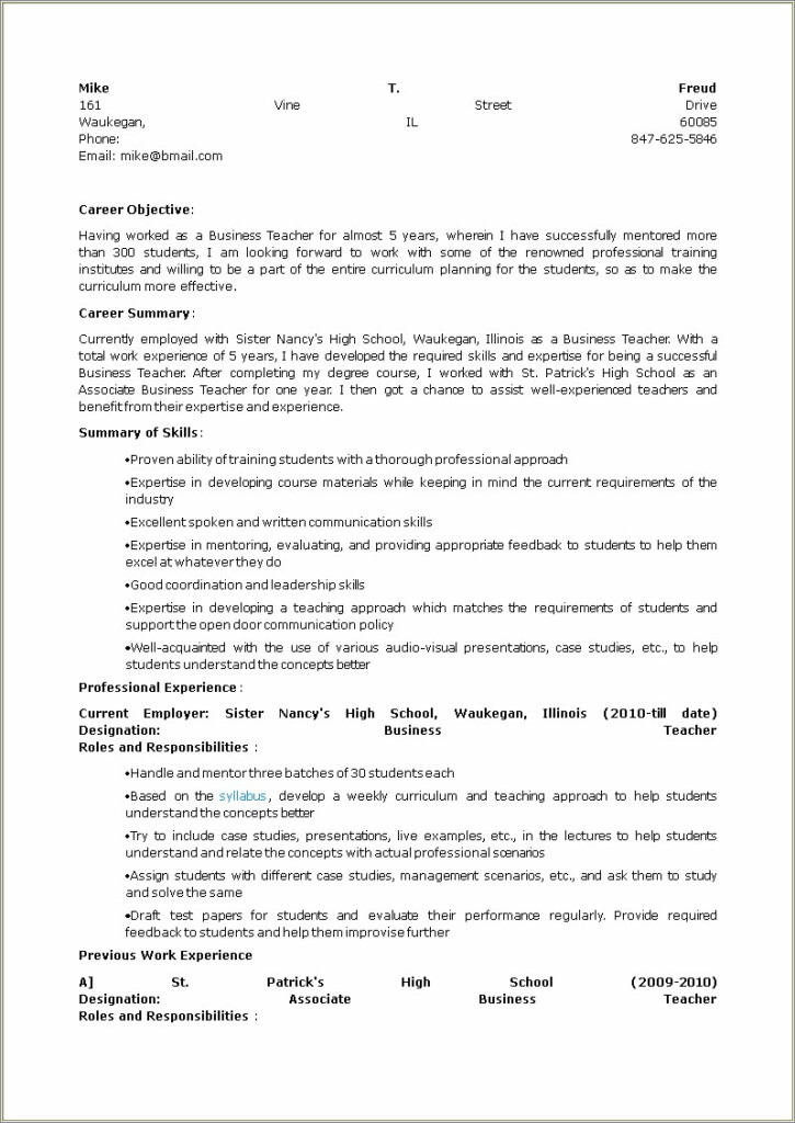 Sample High School Teacher Resume Resume Example Gallery