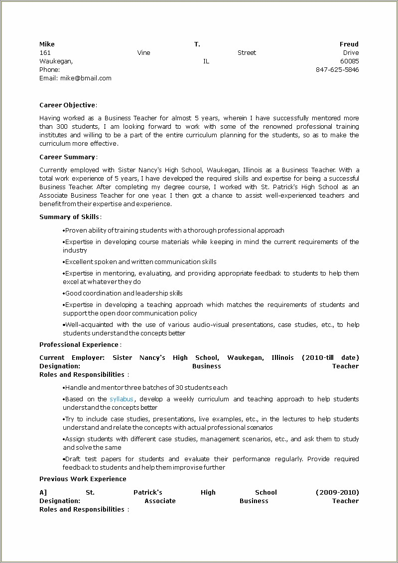 Sample High School Teacher Resume Resume Example Gallery