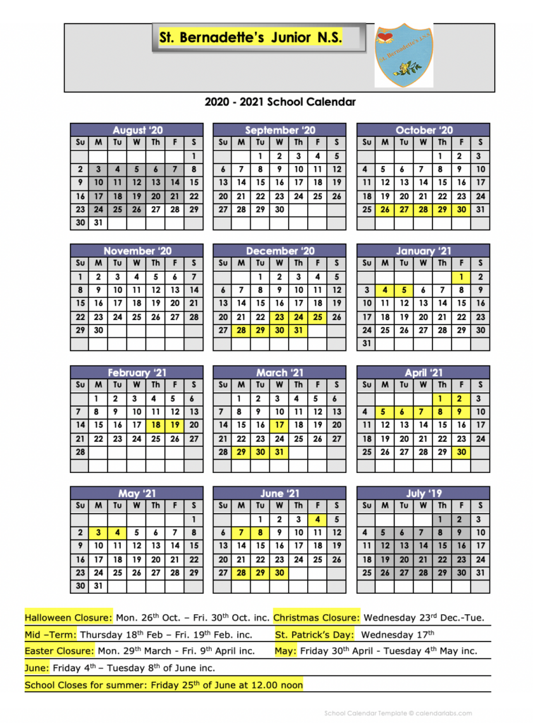 School Calendar St Bernadette s JNS