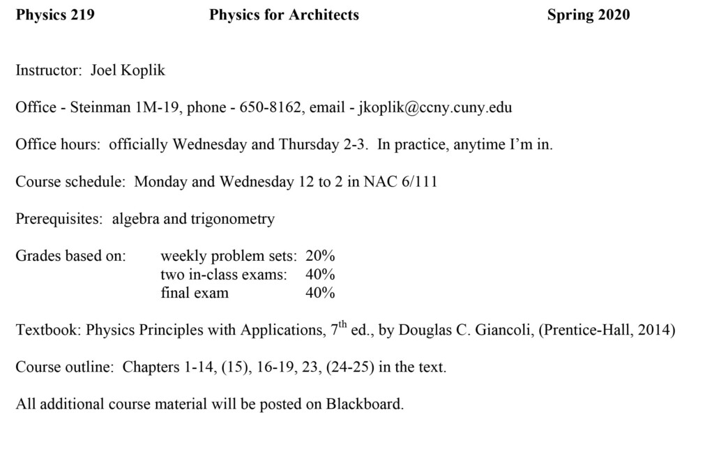 Spring 2020 Syllabus Physics 21900 The City College Of New York