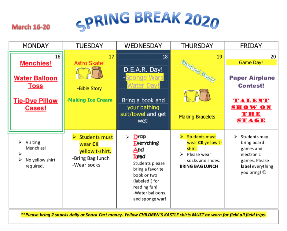 Spring Break Calendar Children s Kastle A Childrens Kastle