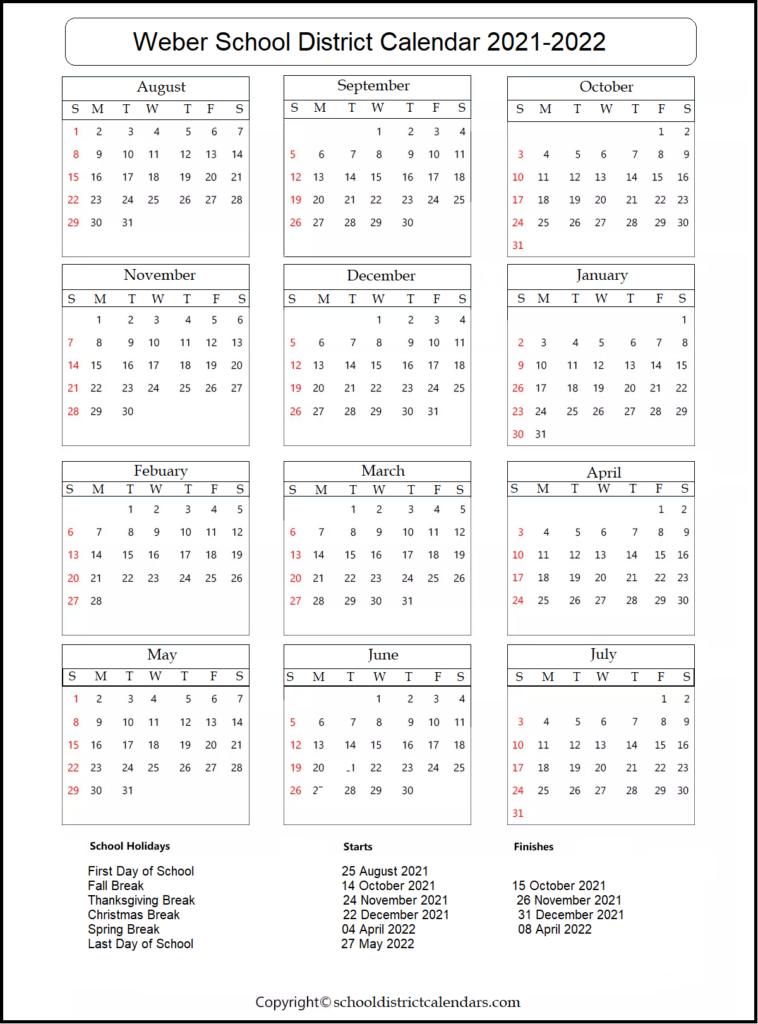 Weber School District Calendar 2021 2022 School District Calendars